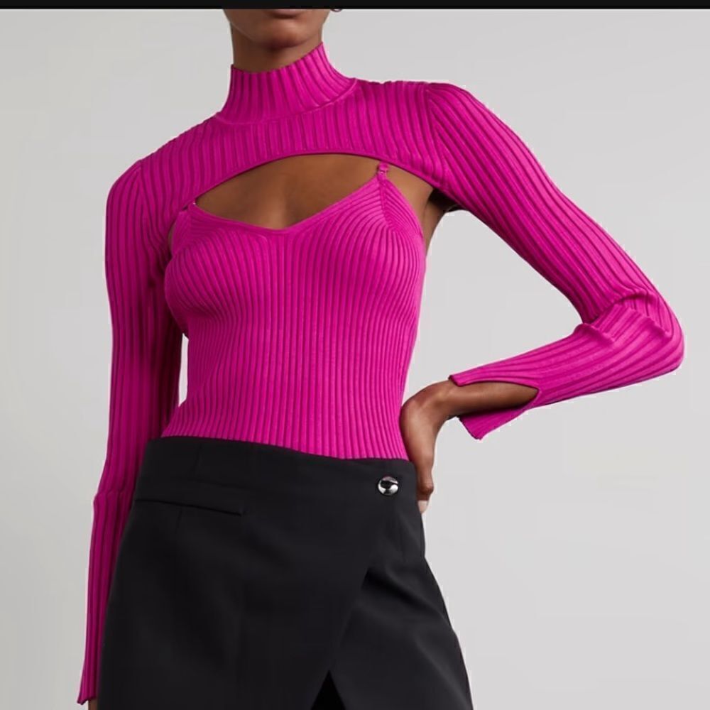 NWT SIMKHAI Fleur layered ribbed-knit turtleneck Pink Large Bougainvillea Top